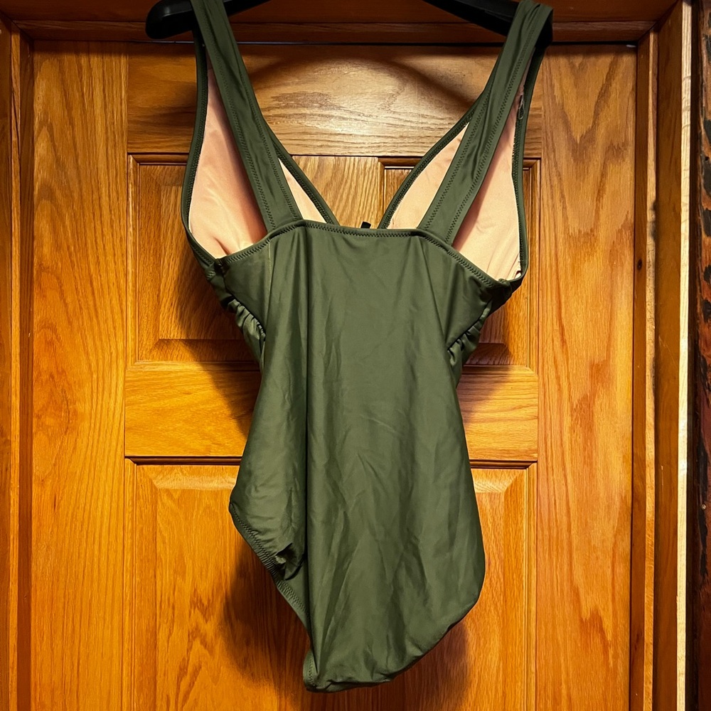 J.Crew Ruched V-Neck One-Piece Swimsuit SZ 8 Cool Cypress Stretch Full Coverage - Picture 3 of 6